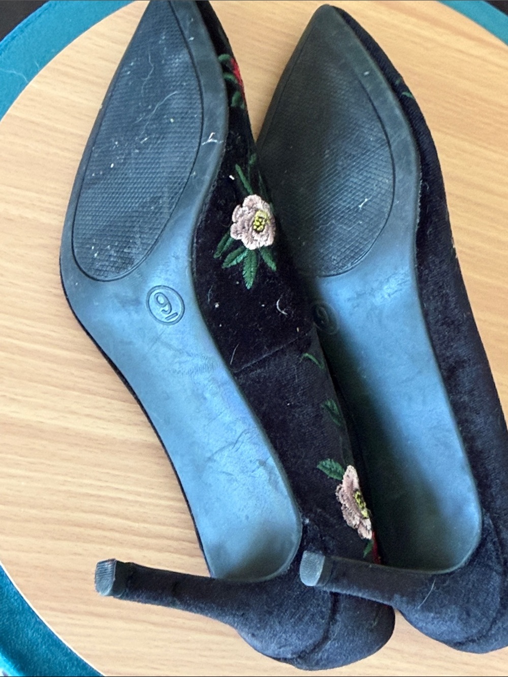 a new day Black Velvet Pointed-Toe Pumps with Red and Pink Floral Embroidery - Picture 8 of 8